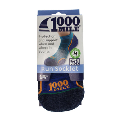 1000 Mile Run Socklet single-layer twin pack packaging in navy and kingfisher blue