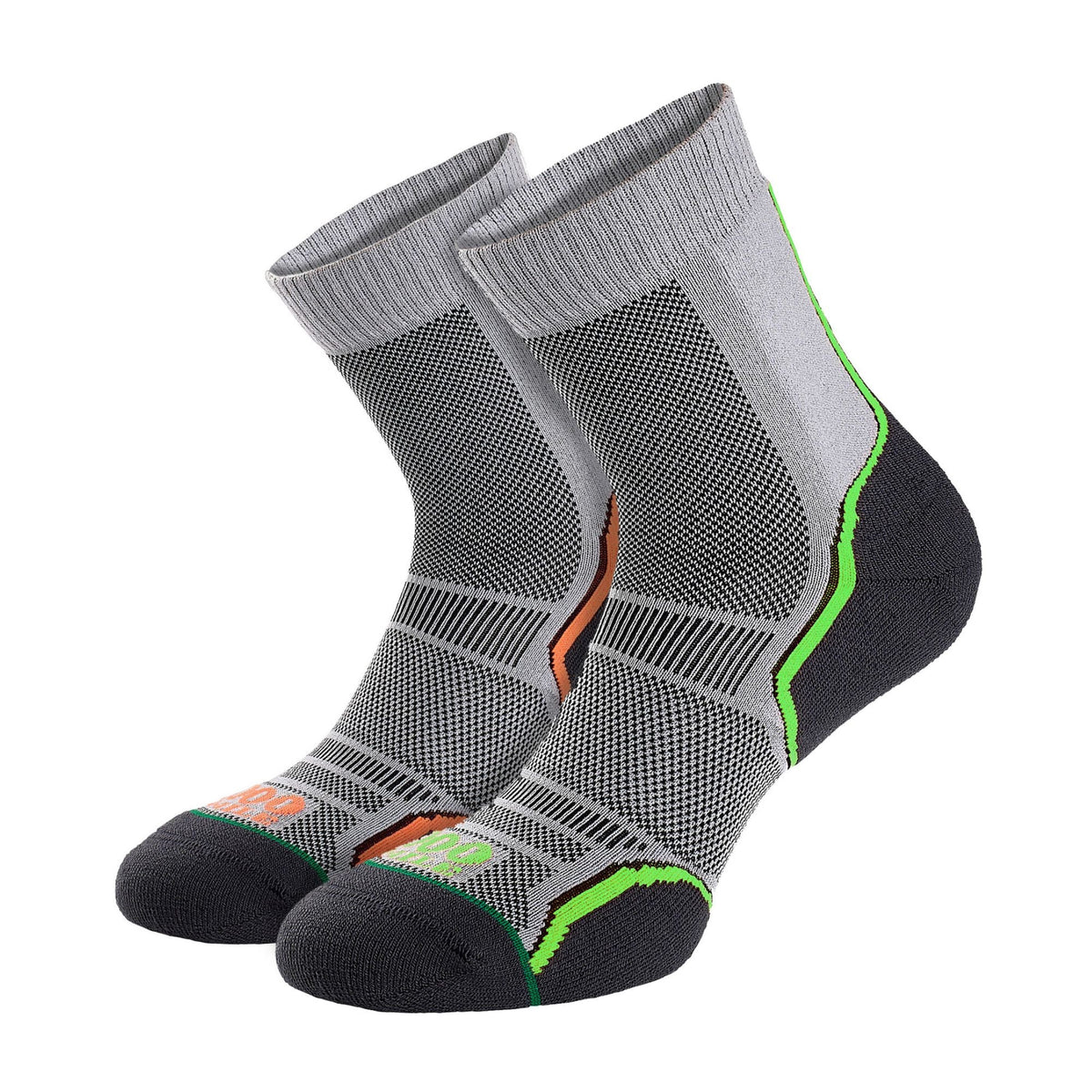 Pair of grey men’s trail socks with black mesh panels and neon green/orange trim
