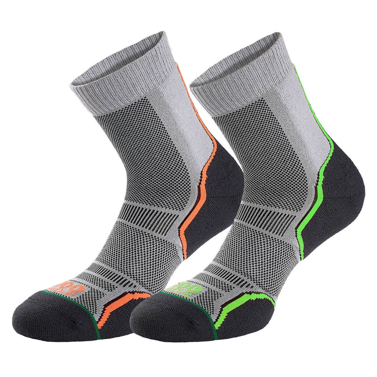 Pair of grey single-layer trail socks with neon green and orange side stripes, black heel