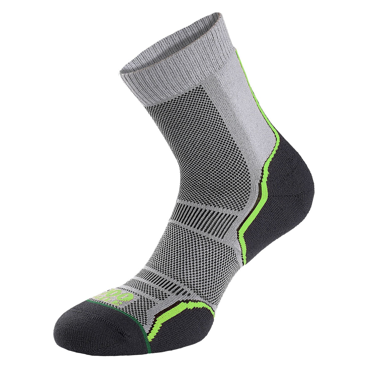 Grey single-layer trail sock with black mesh panel and neon green/orange side accents