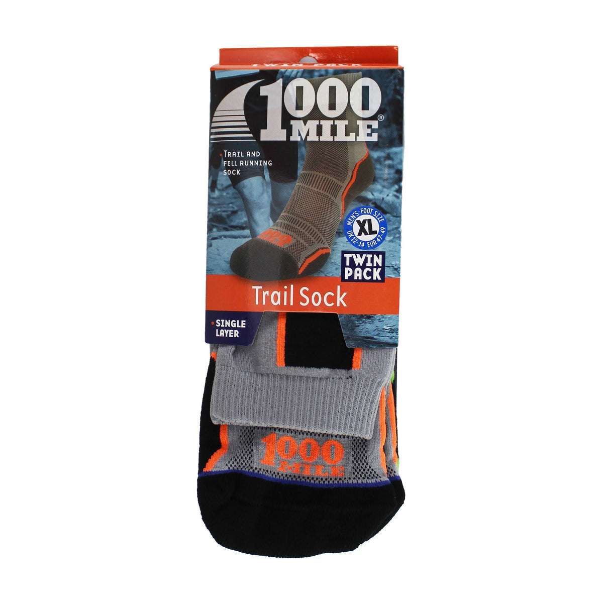 Two-pack single-layer trail sock box with grey and black socks, orange accents