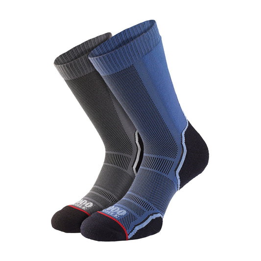 Men's trek single-layer socks, navy and charcoal with mesh panels and black toe