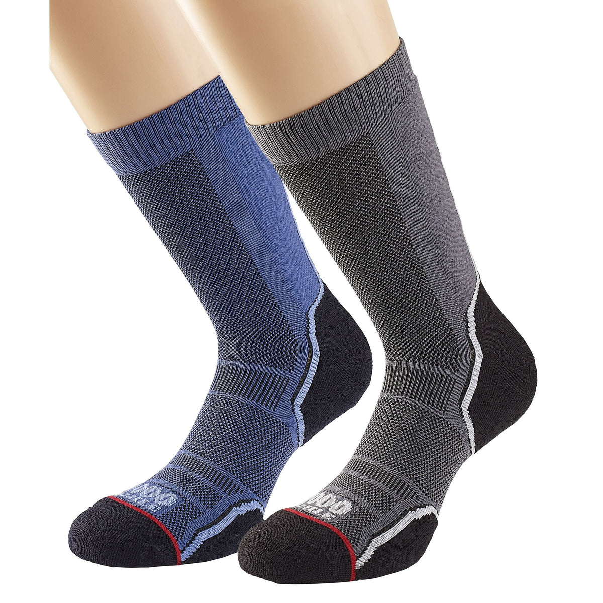 Men's trek single-layer socks on legs, navy and charcoal with mesh pattern and black toe