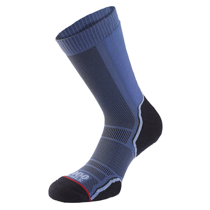 Navy and charcoal men's trek single-layer sock with mesh panels and black toe