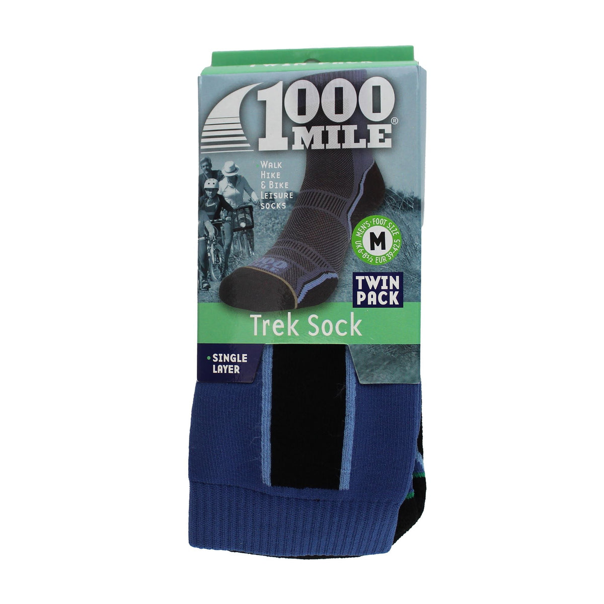 1000 Mile Trek Sock single-layer twin pack box, navy sock design