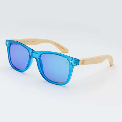 Blue sunglasses with blue tinted lenses and bamboo-look arms