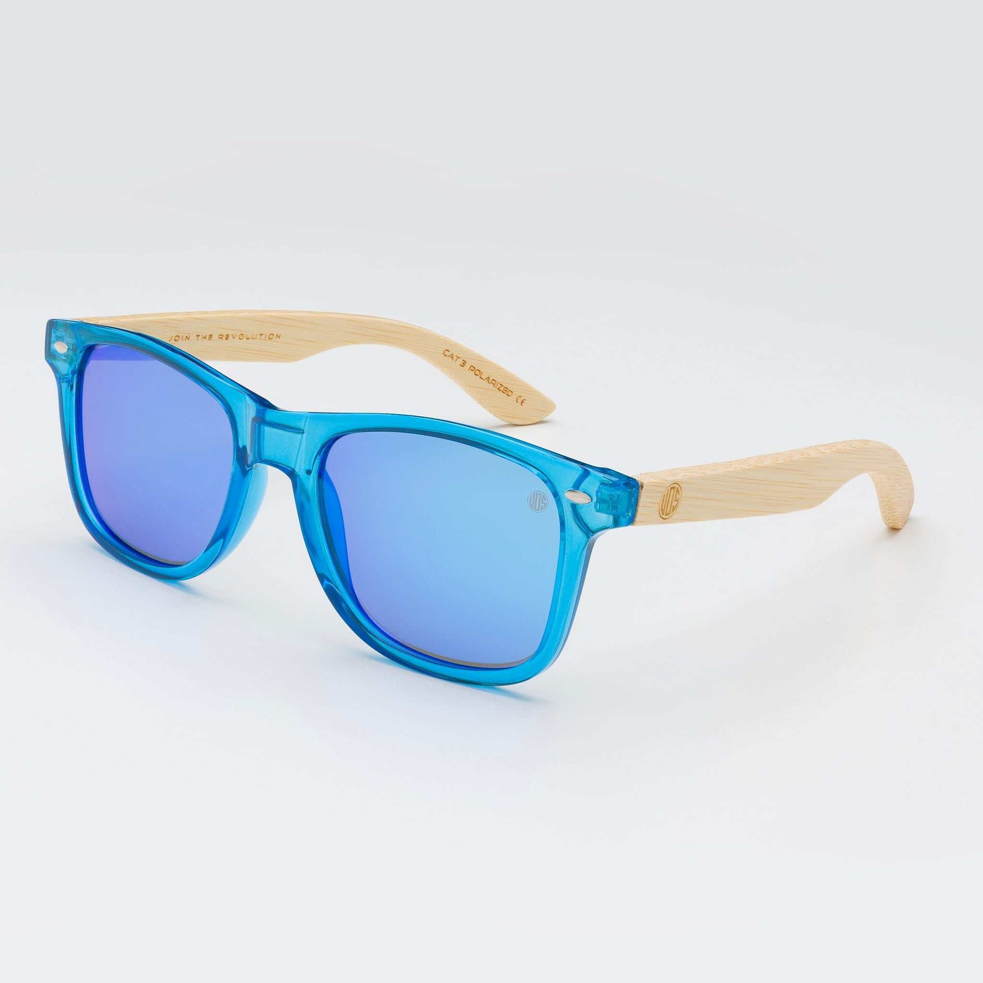 Sunglasses with blue acetate frames and blue tinted lenses, light wood-look arms