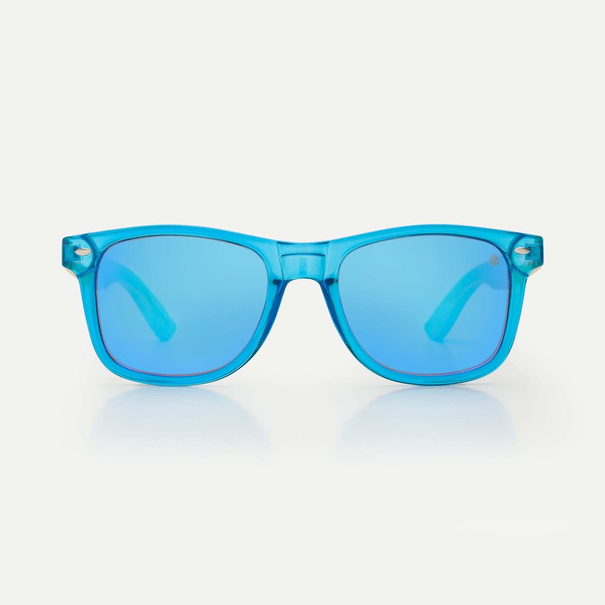 Sunglasses with blue acetate frames and blue tinted lenses, front view