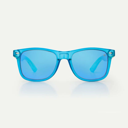 Sunglasses with blue acetate frames and blue tinted lenses, front view