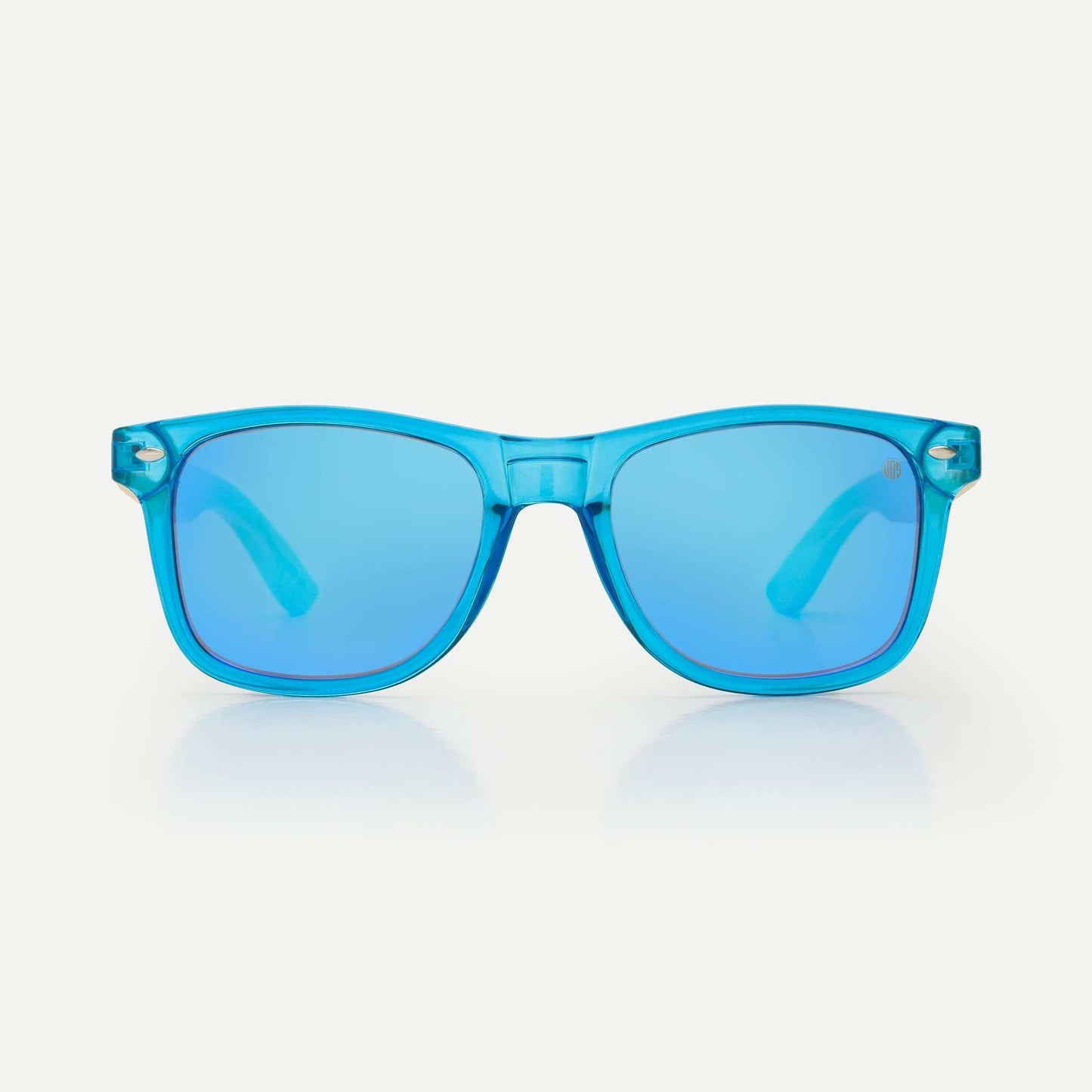 Light blue acetate sunglasses with blue tinted lenses and wide rectangular fit