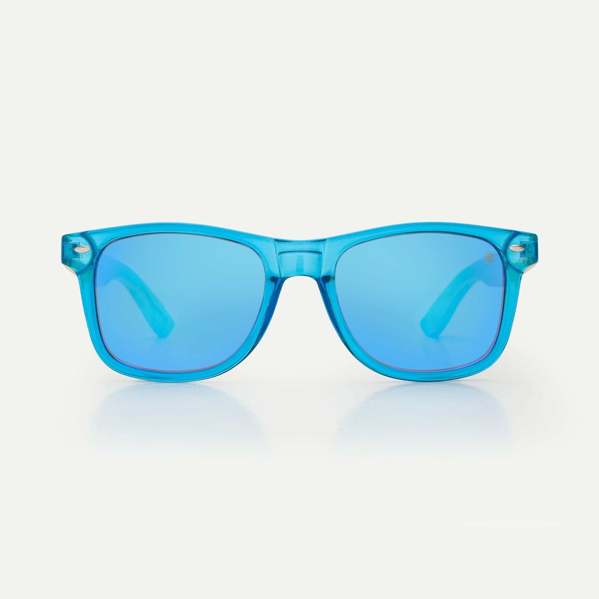 Light blue acetate sunglasses with blue tinted lenses and wide rectangular fit