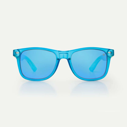 Light blue acetate sunglasses with blue tinted lenses and wide rectangular fit