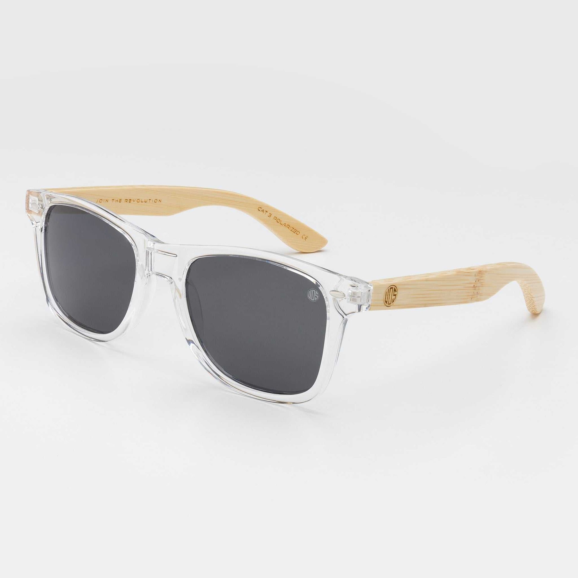 Clear sunglasses with dark lenses and bamboo-look arms