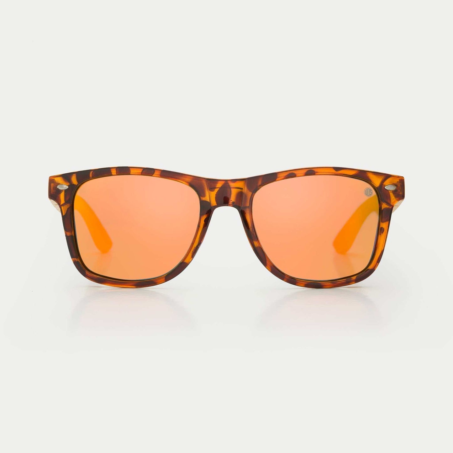 Tortoise acetate sunglasses with orange mirrored lenses and rectangular frames