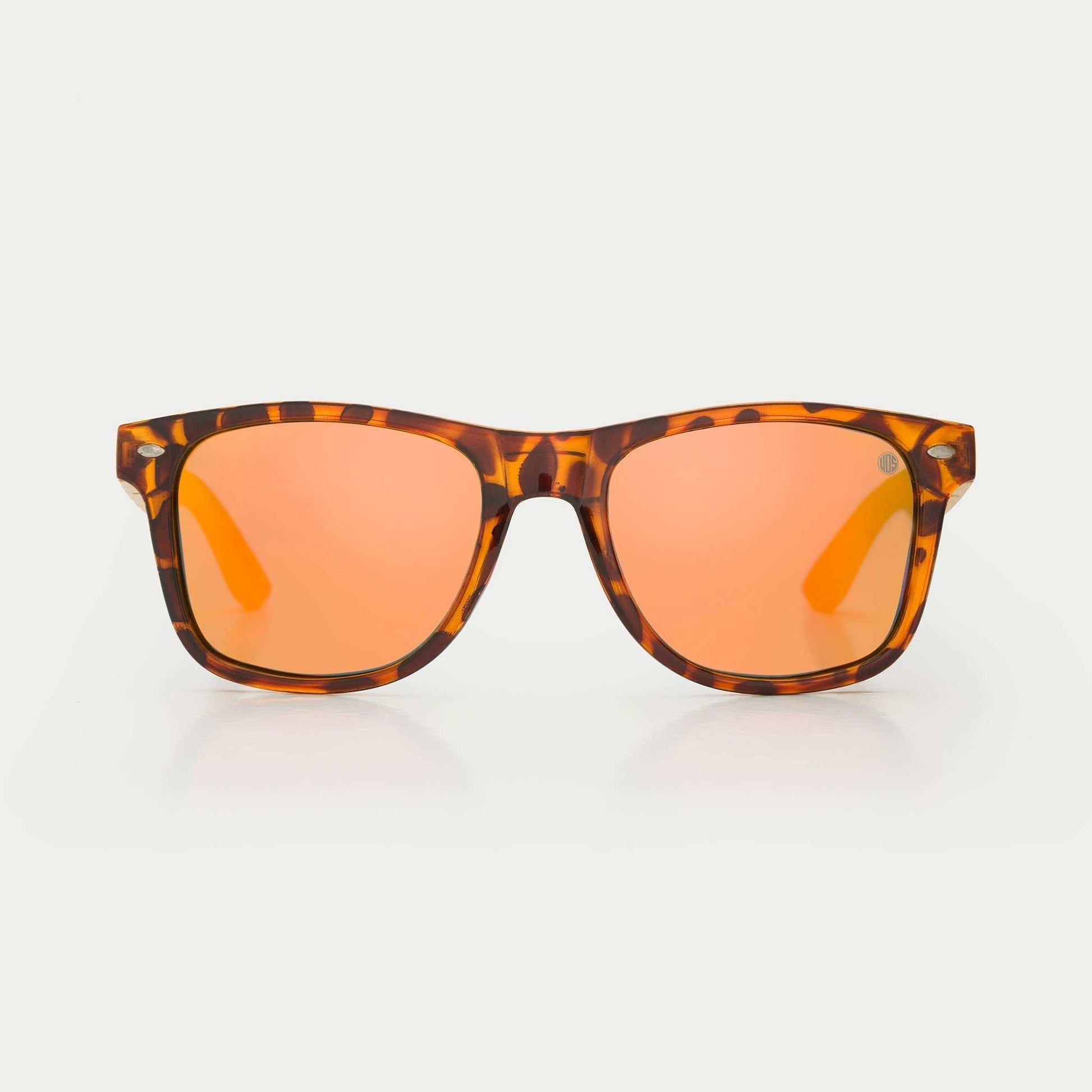 Tortoise acetate sunglasses with orange mirrored lenses and rectangular frames
