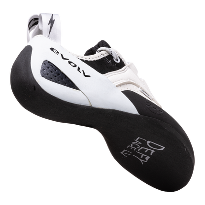 Evolv Defy Lace LV low-volume climbing shoes, angled side view in white and black