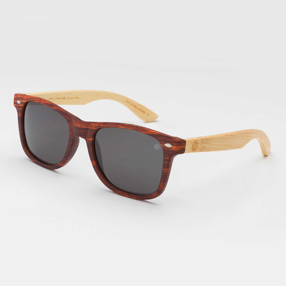 Brown wood-effect sunglasses with dark lenses and light wood-tone temple arms
