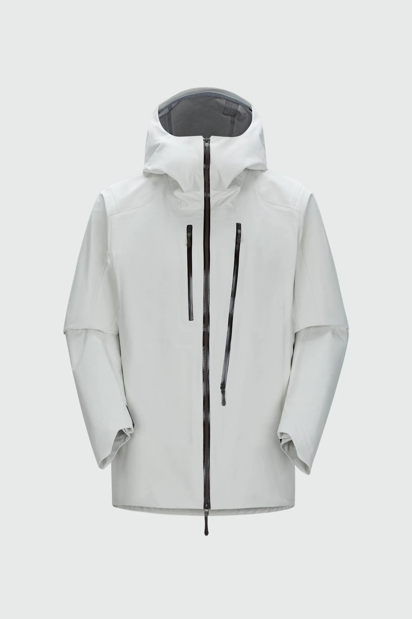 White shell jacket with adjustable hood, center zipper, and hanging drawstrings