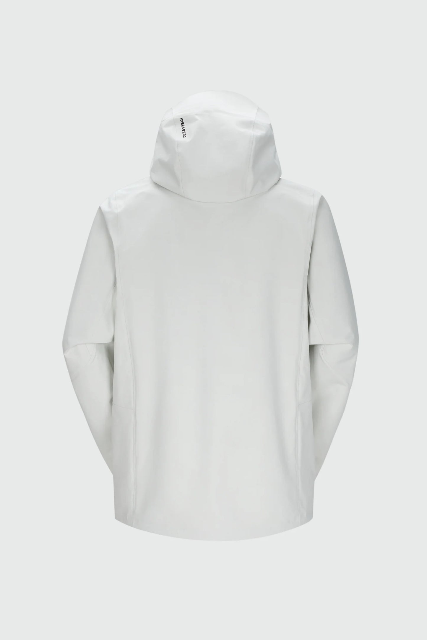 White shell jacket with hood, clean back view, long sleeves
