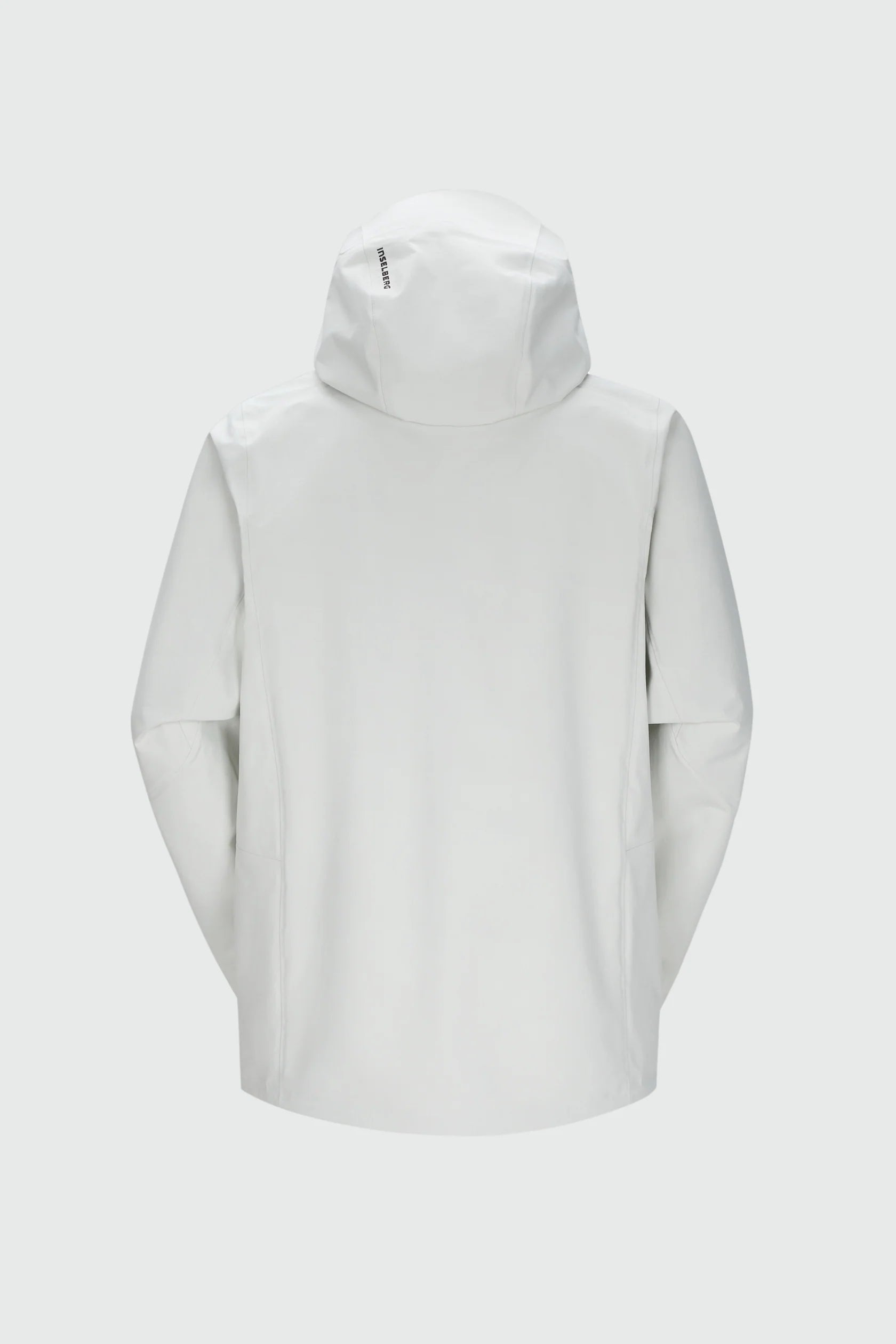 White shell jacket with hood, clean back view, long sleeves