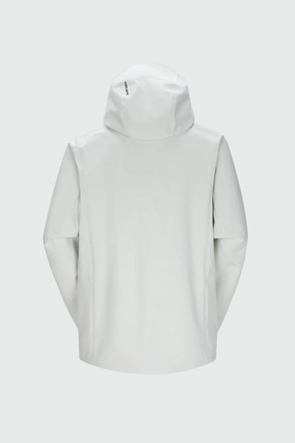 White shell jacket with hood, clean back view, long sleeves
