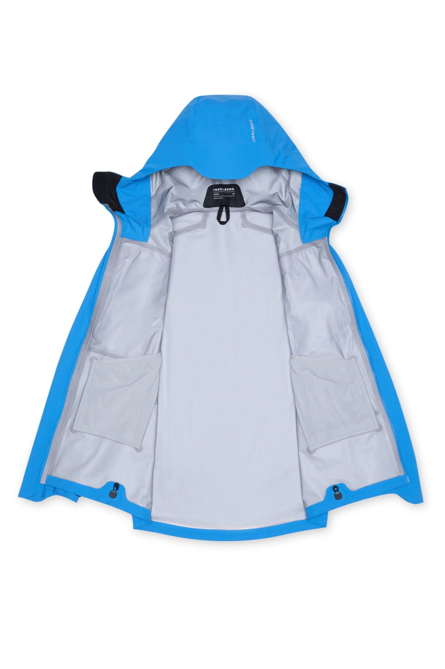 Hooded shell jacket in bright blue with adjustable hood and black inner trim