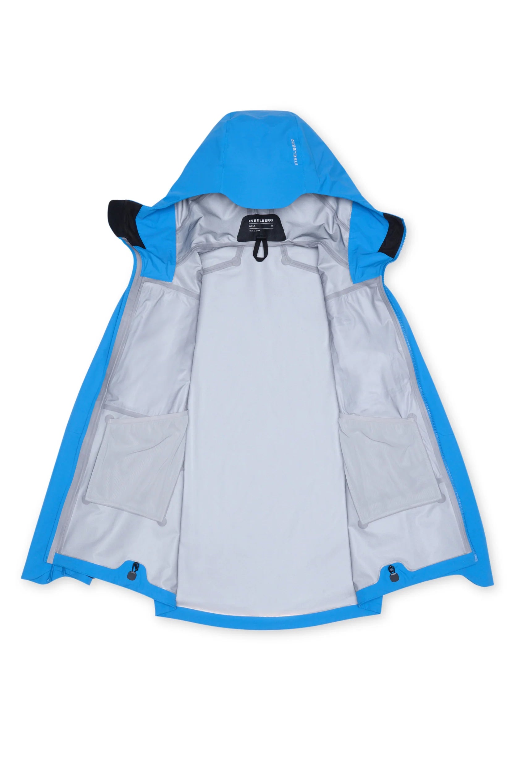 Hooded shell jacket in bright blue with adjustable hood and black inner trim
