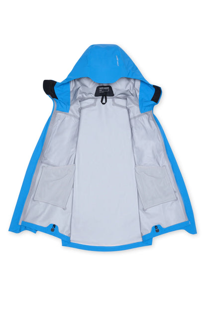 Hooded shell jacket in bright blue with adjustable hood and black inner trim