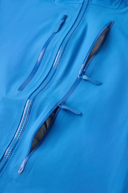 Hooded shell jacket front zipper with gray inner placket and corded zipper pulls
