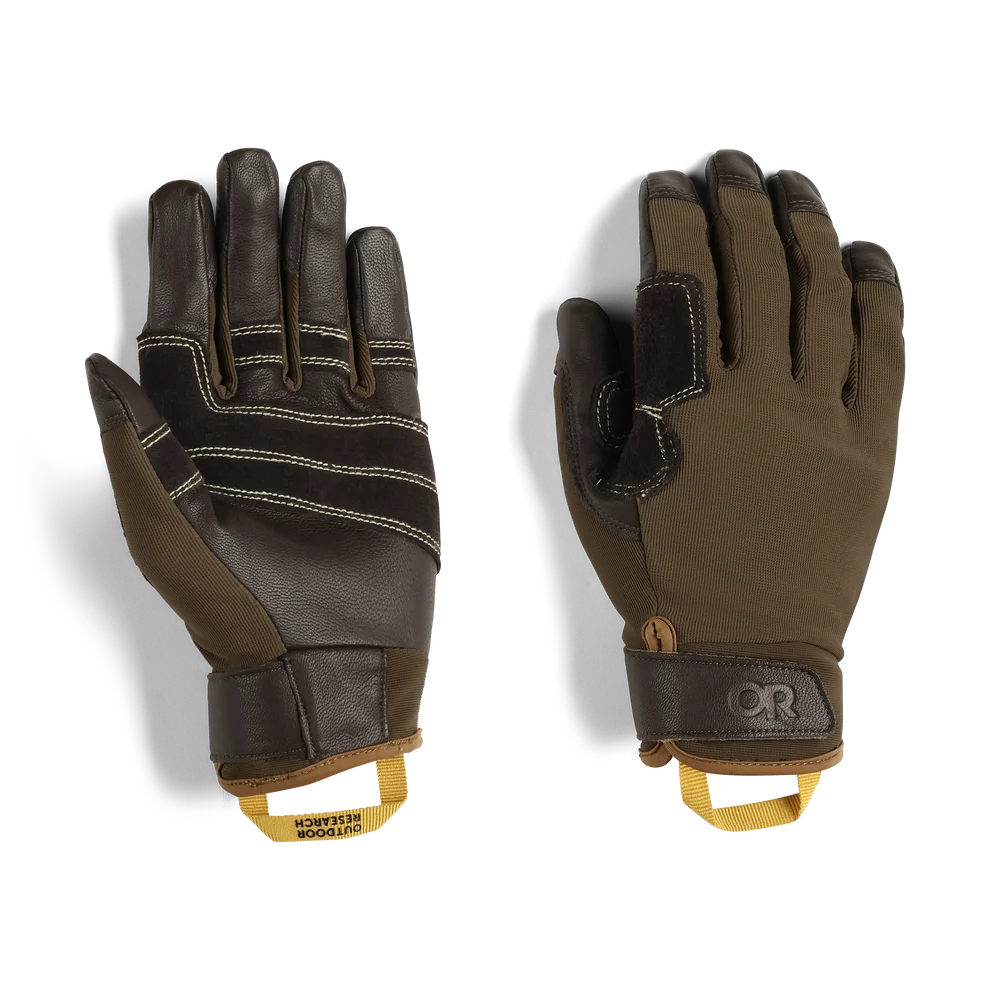 Pair of brown belay gloves showing the reinforced palms and backs