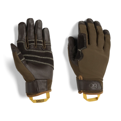 Pair of brown belay gloves showing the reinforced palms and backs