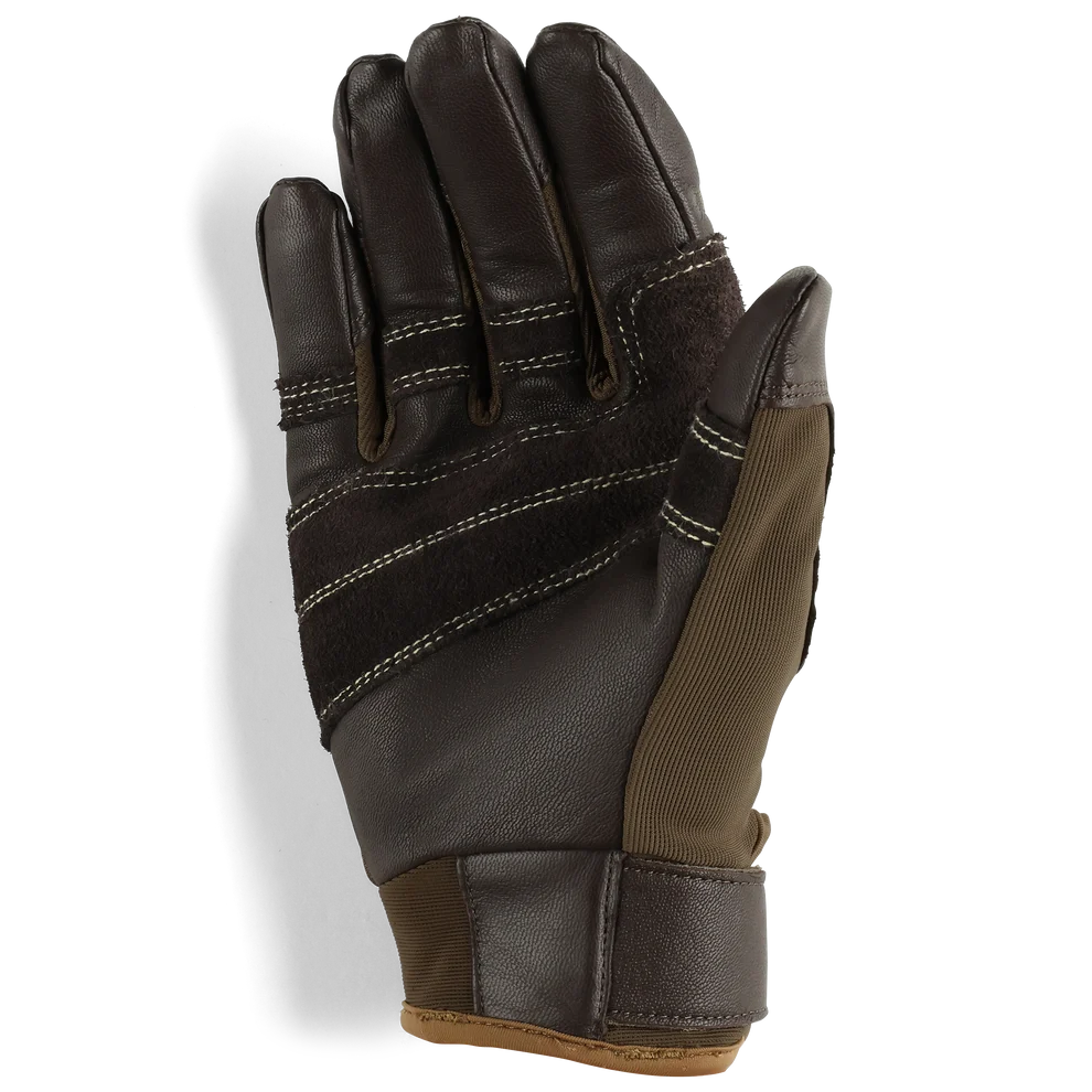 Brown belay glove palm with leather reinforcement and stitched grip panels