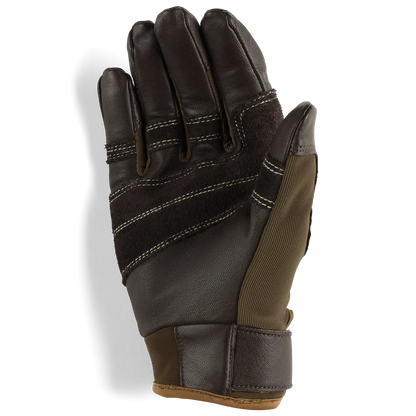 Brown belay glove palm with leather reinforcement and stitched grip panels