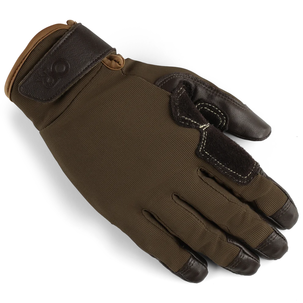Brown belay glove, angled back view, with reinforced fingertips and wrist strap