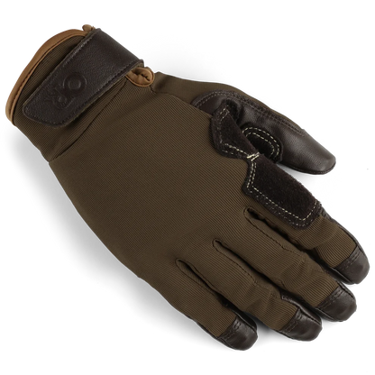 Brown belay glove, angled back view, with reinforced fingertips and wrist strap