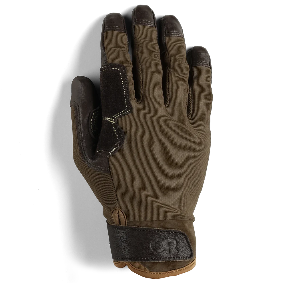 Brown belay glove, back view, with reinforced fingers and adjustable wrist strap