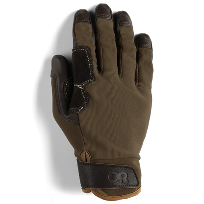 Brown belay glove, back view, with reinforced fingers and adjustable wrist strap