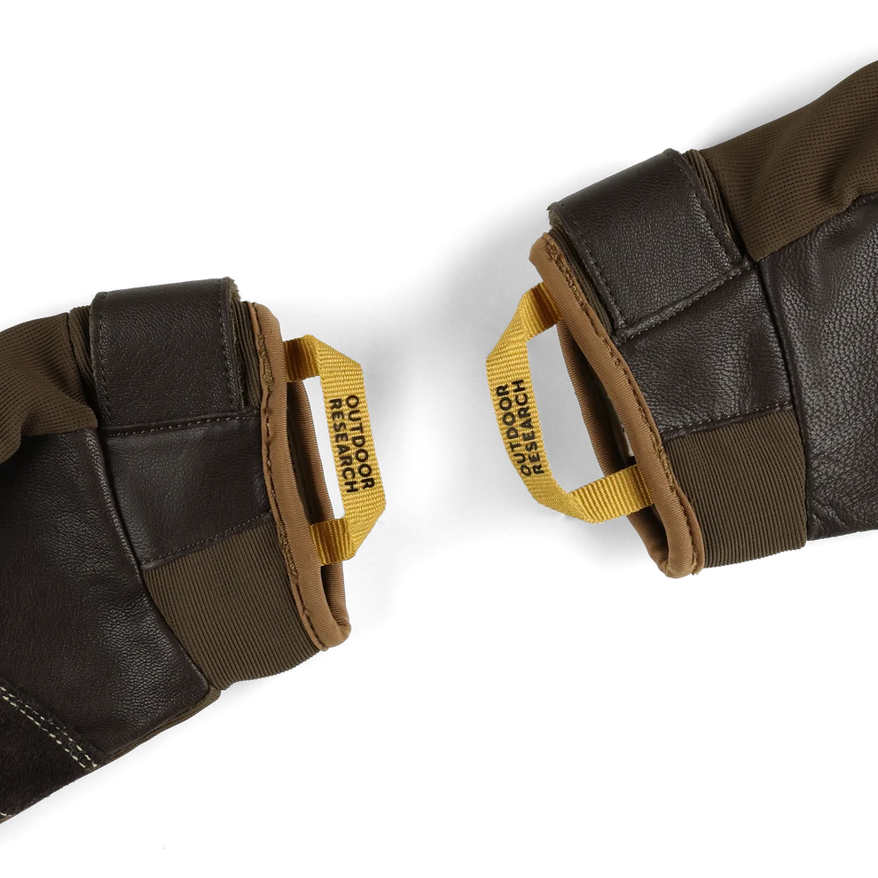 Belay glove cuffs with adjustable straps and yellow pull loops