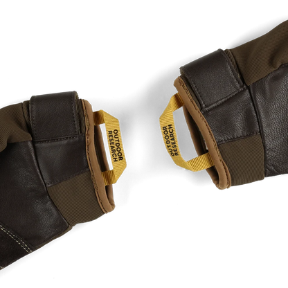 Belay glove cuffs with adjustable straps and yellow pull loops