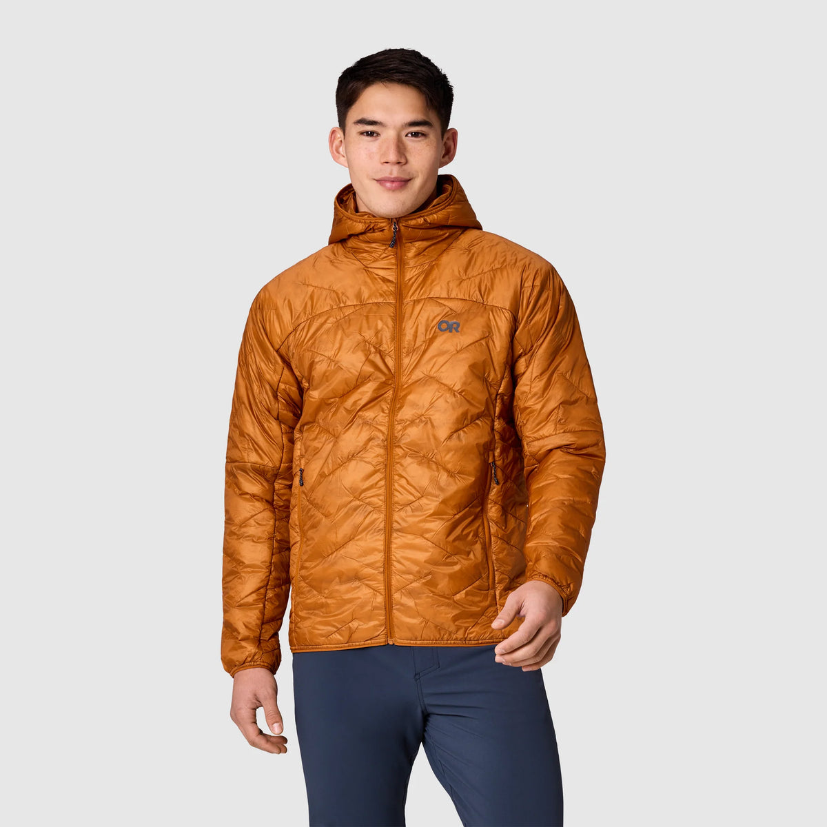 Men's orange insulated hoodie jacket with full zipper and chest logo