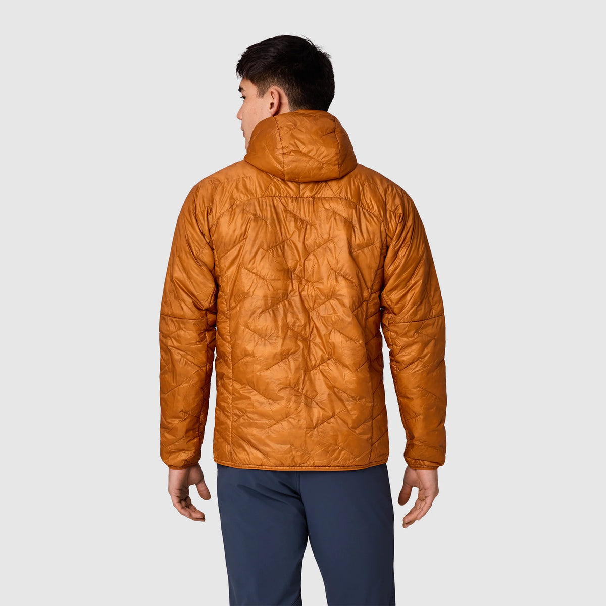 Men's orange insulated hoodie jacket, back view with hood and full zip