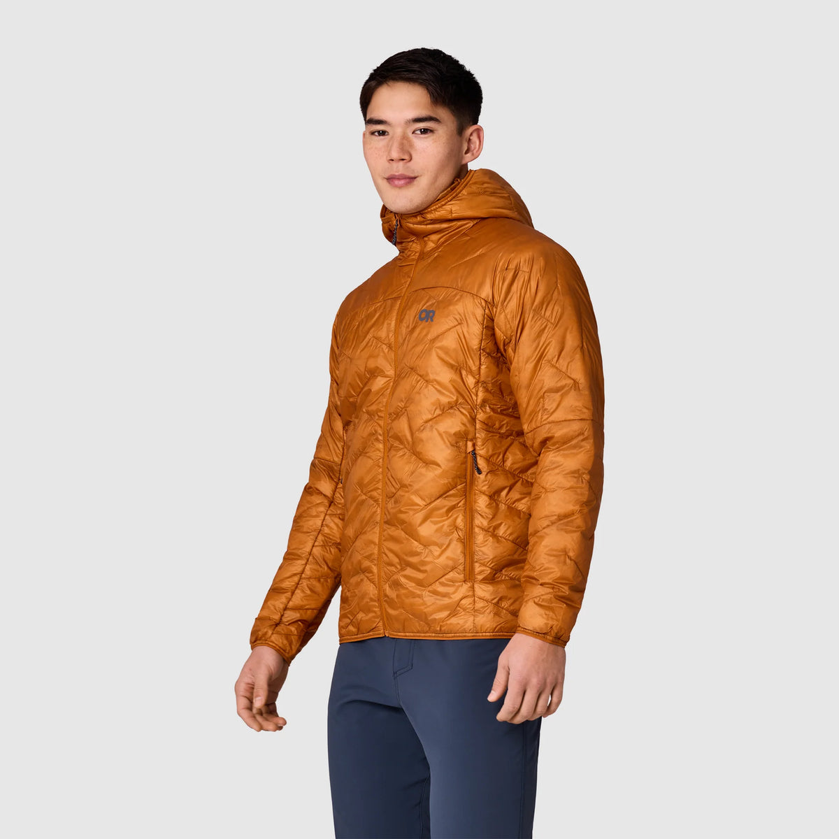 Men's orange insulated hoodie jacket, side profile with chest logo