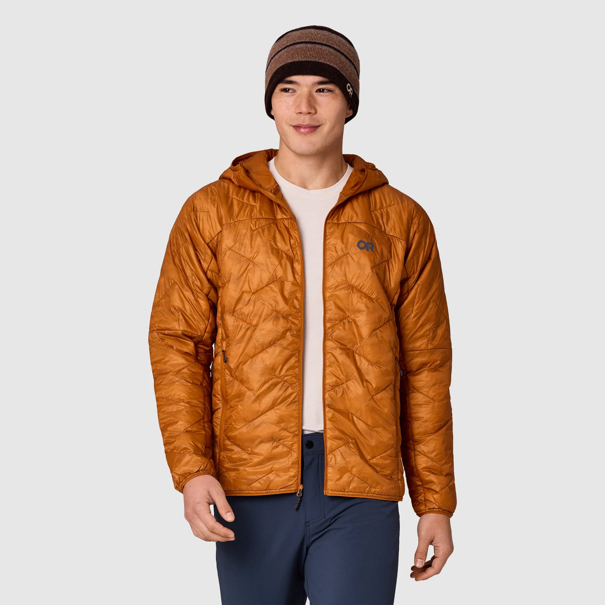 Men's orange insulated hoodie jacket with hood and front zipper, chest logo