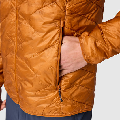 Orange hoodie jacket close-up, full front zipper and quilted diamond stitching