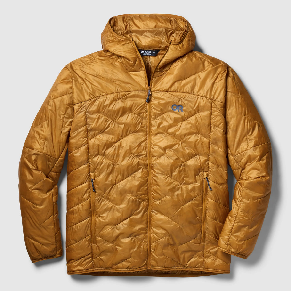Men's hooded puffer jacket, full-zip, insulated with side pockets, mustard-brown.