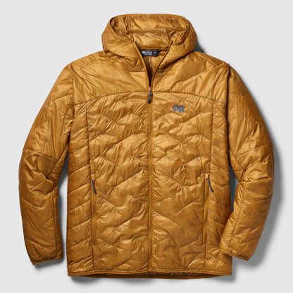 Men's hooded puffer jacket, full-zip, insulated with side pockets, mustard-brown.