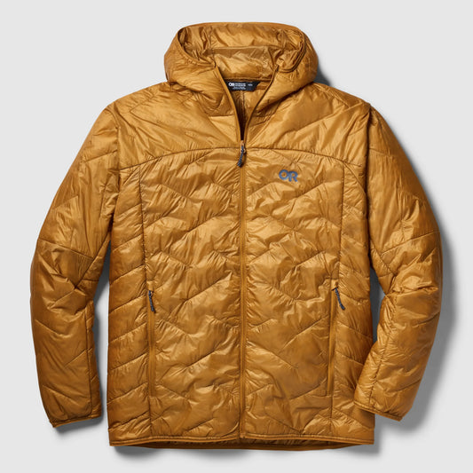 Men's hooded puffer jacket, full-zip, insulated with side pockets, mustard-brown.