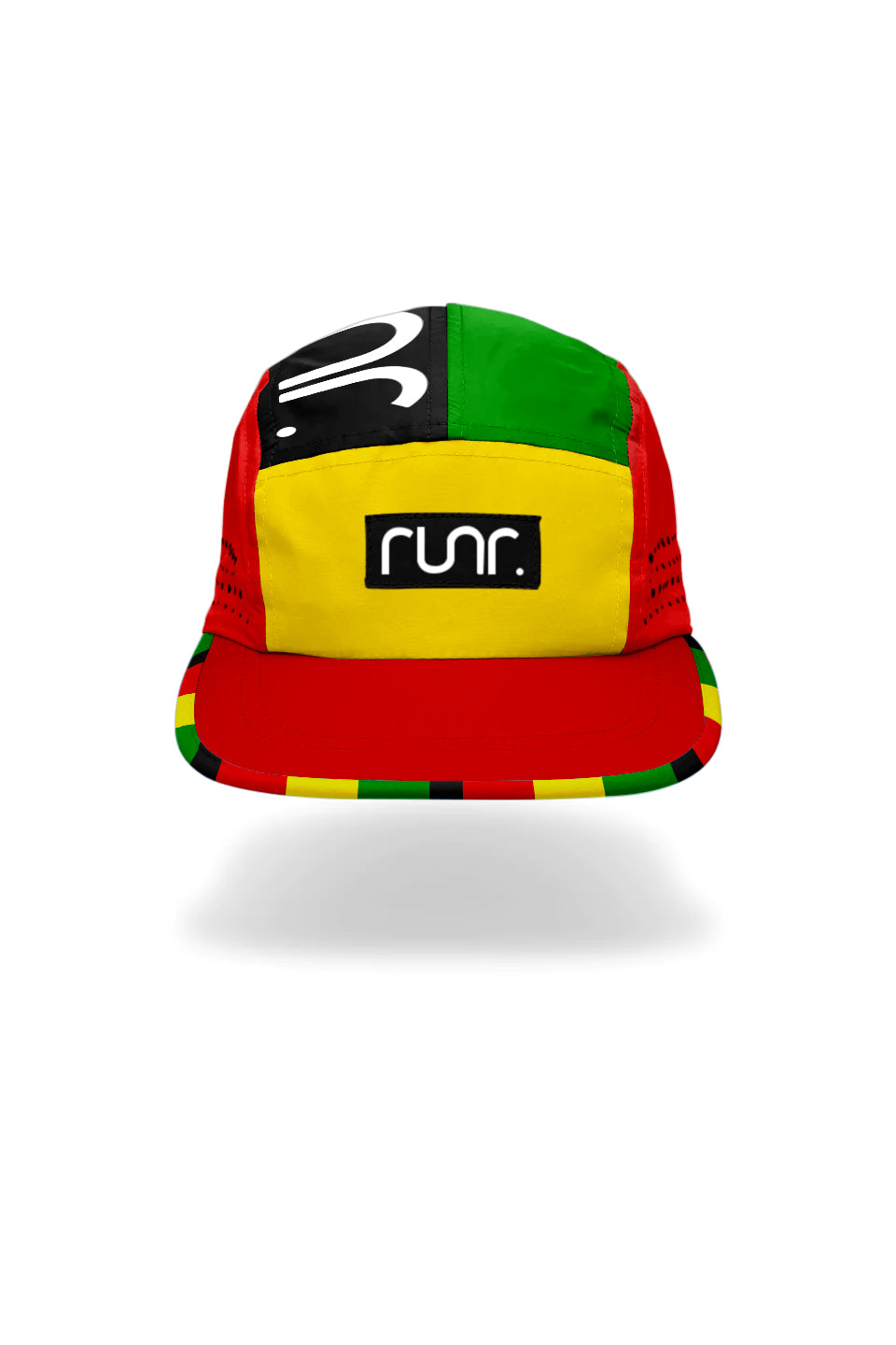 Technical running cap with green top, yellow band, red underside, and front RUN patch