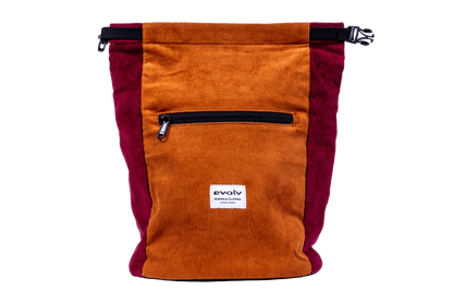 Corduroy chalk bucket in brown and dark red with roll-top and front zipper pocket