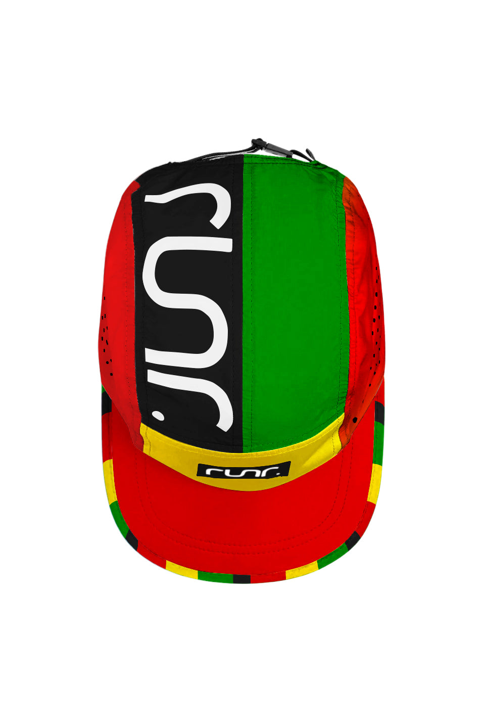Technical running cap back with black graphic panel and green top over red/yellow accents